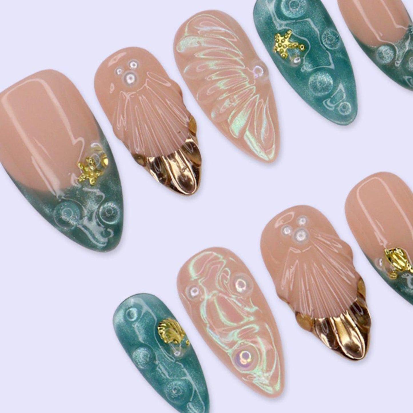 Ocean Mermaid Shell Press-On Nails – Iridescent Seashell & Seafoam Green Nail Art Set