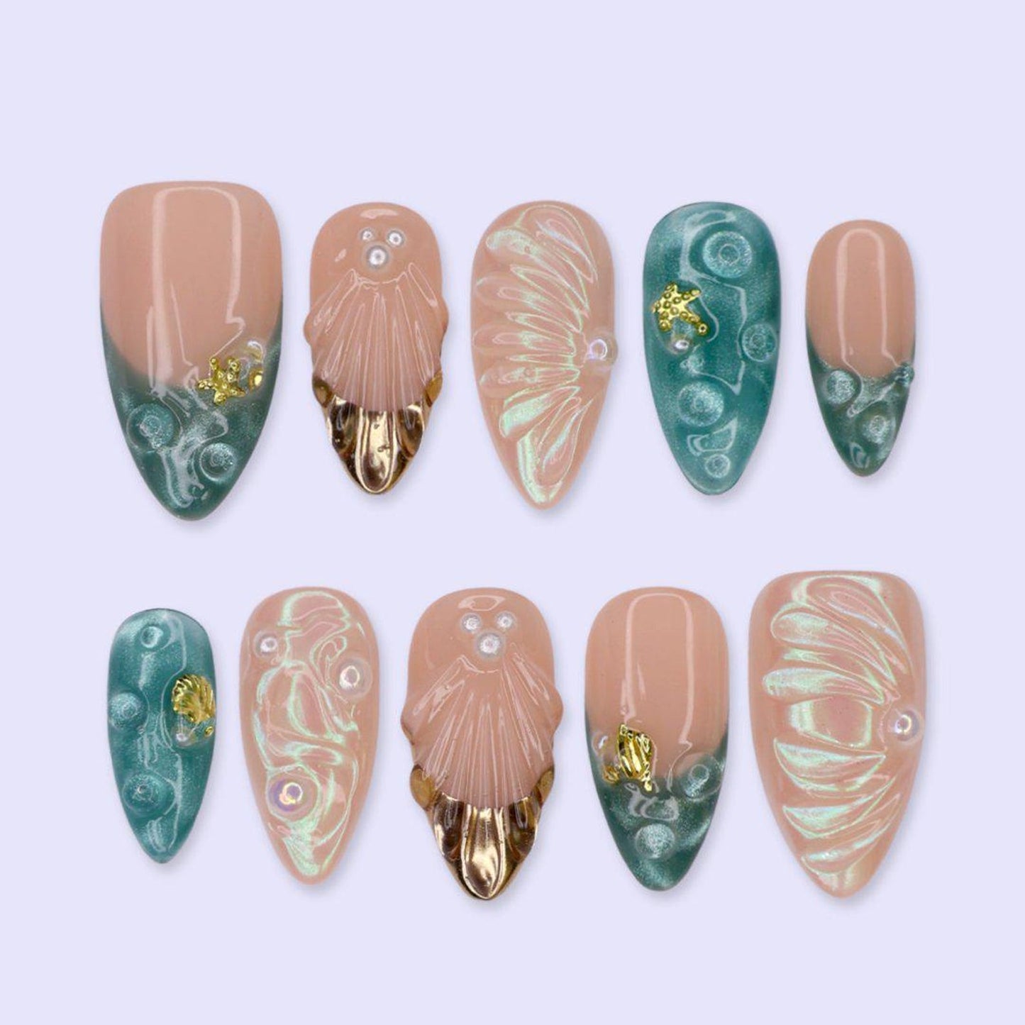 Ocean Mermaid Shell Press-On Nails – Iridescent Seashell & Seafoam Green Nail Art Set