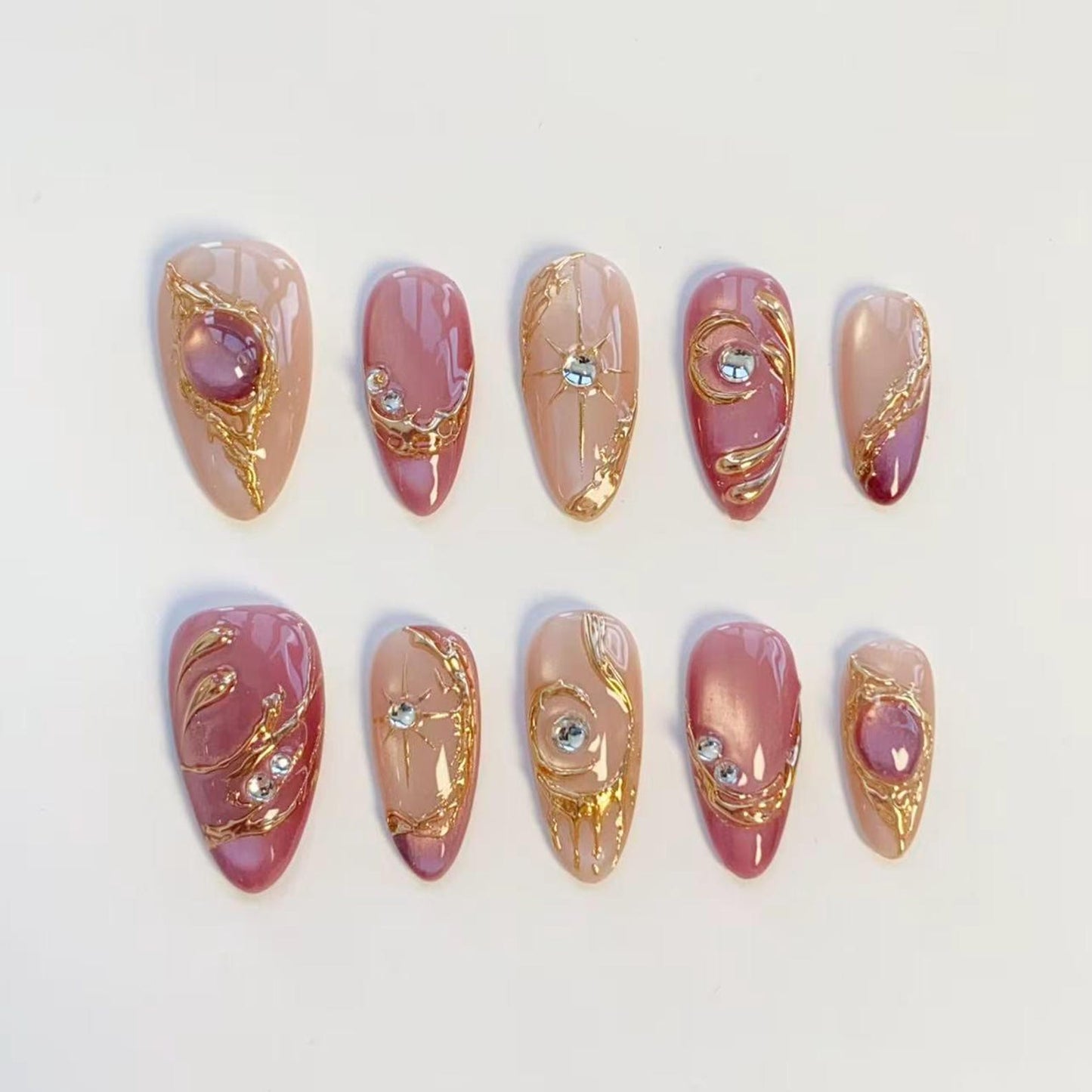 Pink Gemstone Press-On Nails – Luxury Gold Chrome Rhinestone Nail Set | Elegant Almond Fake Nails | Handmade Reusable Nail Art
