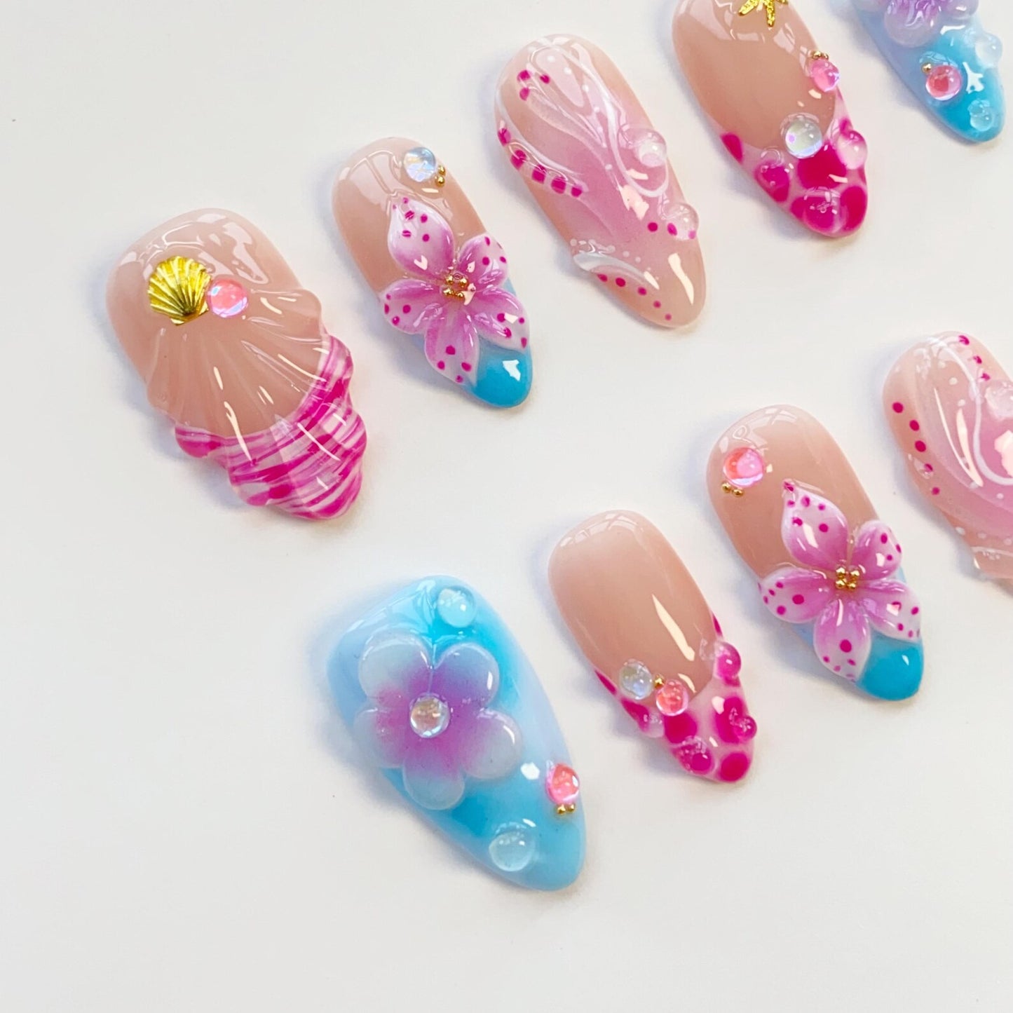 Mermaid Blossom Press-On Nails – Handmade 3D Floral Seashell Ocean Nail Set