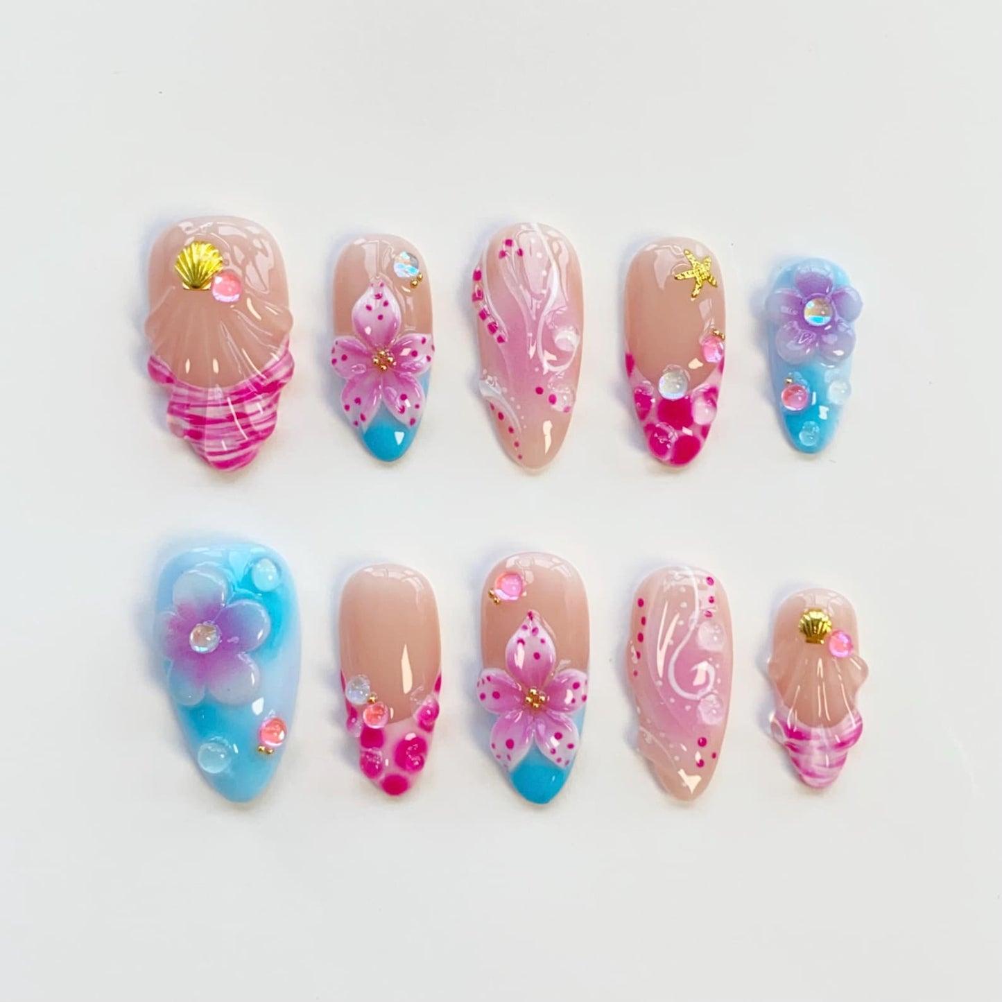 Mermaid Blossom Press-On Nails – Handmade 3D Floral Seashell Ocean Nail Set