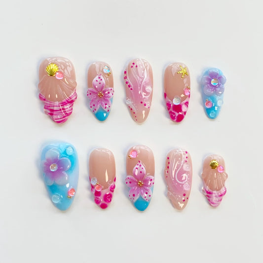 Mermaid Blossom Press-On Nails – Handmade 3D Floral Seashell Ocean Nail Set