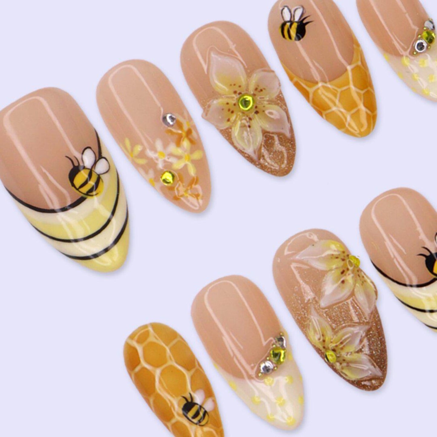 Honey Bee Garden Press-On Nails – 3D Floral & Honeycomb Nail Art Set