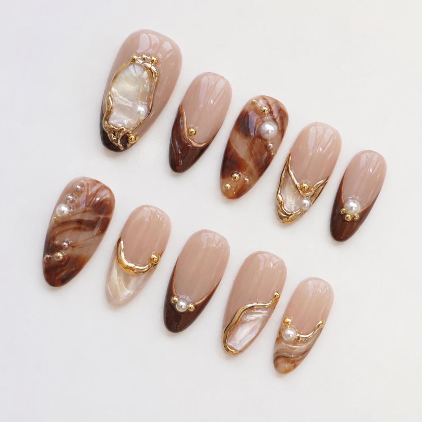 Luxury Brown Marble Press-On Nails – Pearl & Gold Frame Handmade Nail Set | Elegant Shell Nail Art