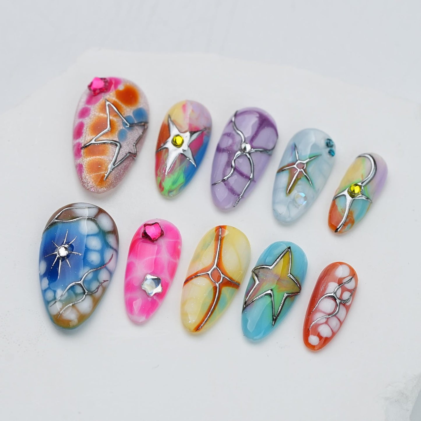 Rainbow Stained Glass Starfish Press-On Nails – Handmade Colorful Ocean-Inspired 3D Nail Set