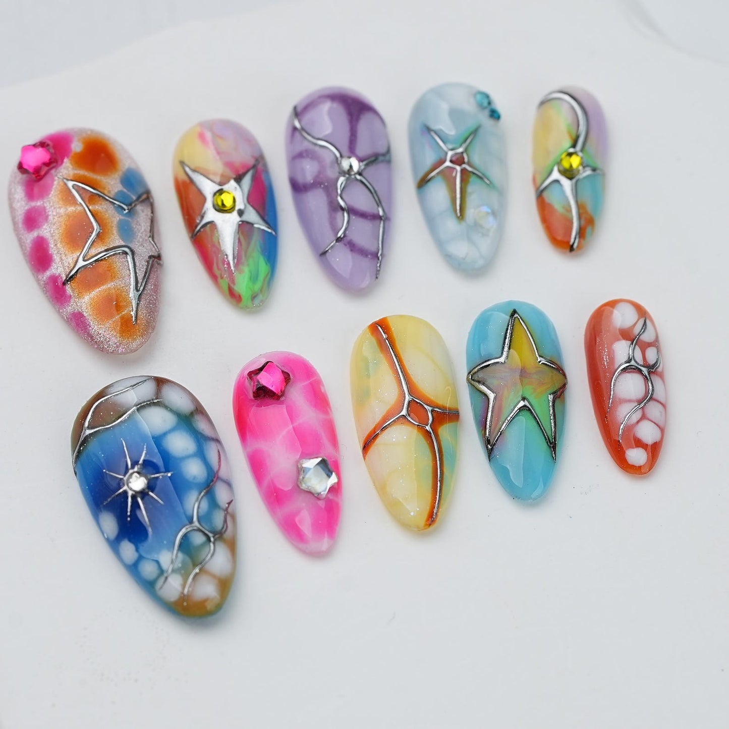 Rainbow Stained Glass Starfish Press-On Nails – Handmade Colorful Ocean-Inspired 3D Nail Set