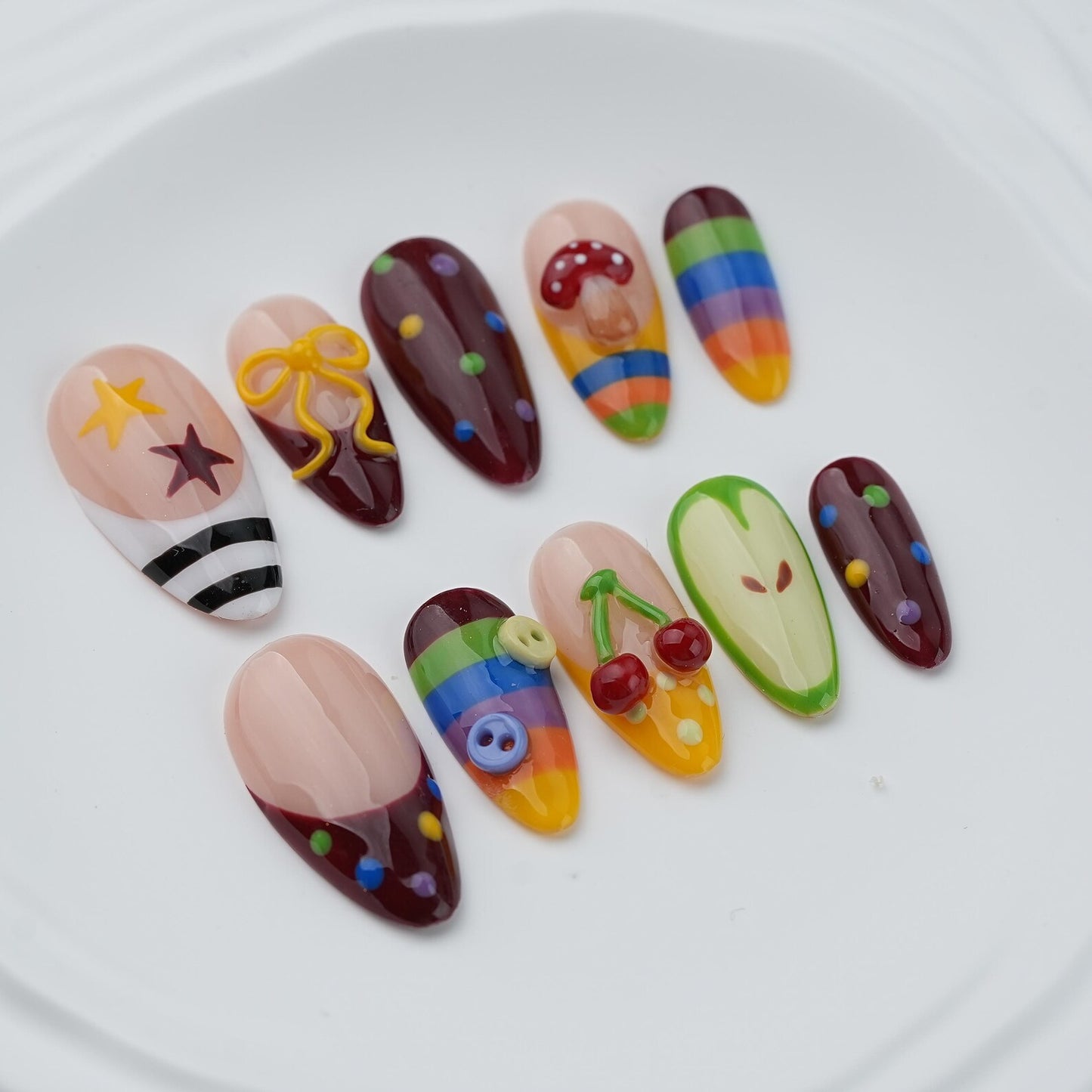 Sweet Rainbow Fruit Press-On Nails – Cute Handmade Kawaii Cherry & Mushroom Nail Set