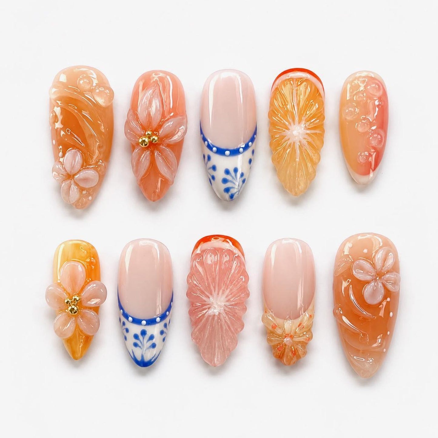 Citrus Blossom Press-On Nails – Handmade 3D Orange Fruit & Floral Nail Set | Summer Mediterranean Nail Art