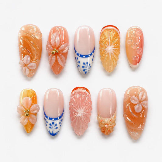 Citrus Blossom Press-On Nails – Handmade 3D Orange Fruit & Floral Nail Set | Summer Mediterranean Nail Art