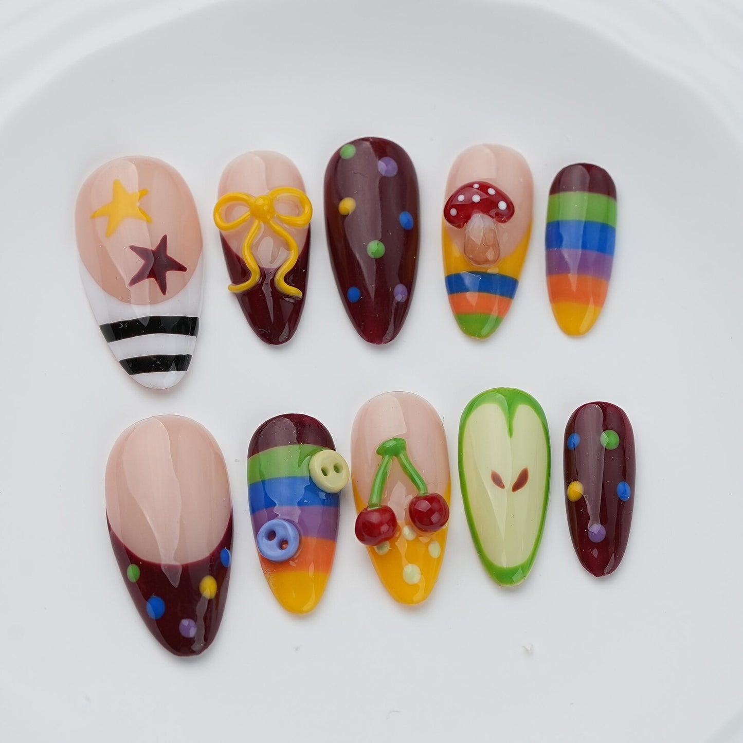 Sweet Rainbow Fruit Press-On Nails – Cute Handmade Kawaii Cherry & Mushroom Nail Set