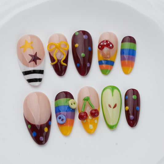 Sweet Rainbow Fruit Press-On Nails – Cute Handmade Kawaii Cherry & Mushroom Nail Set