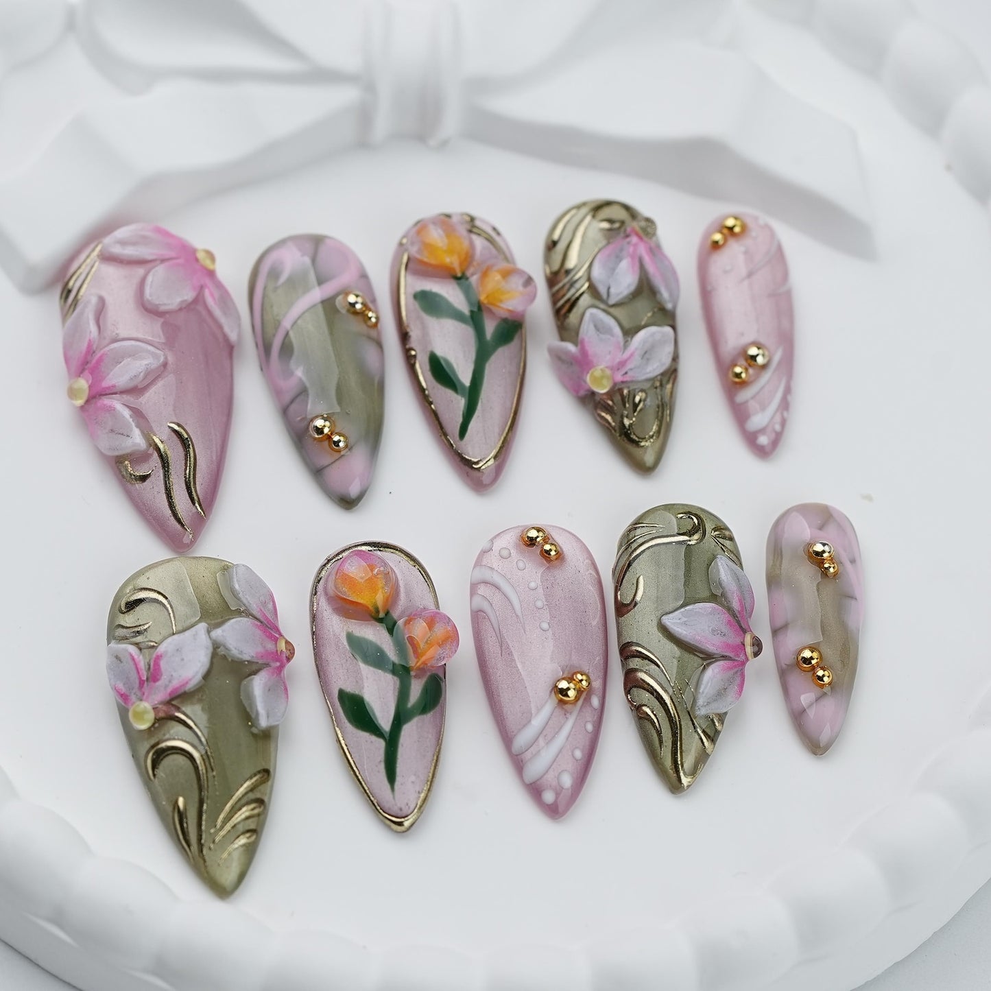 Blush Garden Press-On Nails – Handmade 3D Floral Luxury Nail Set in Pink & Sage Green