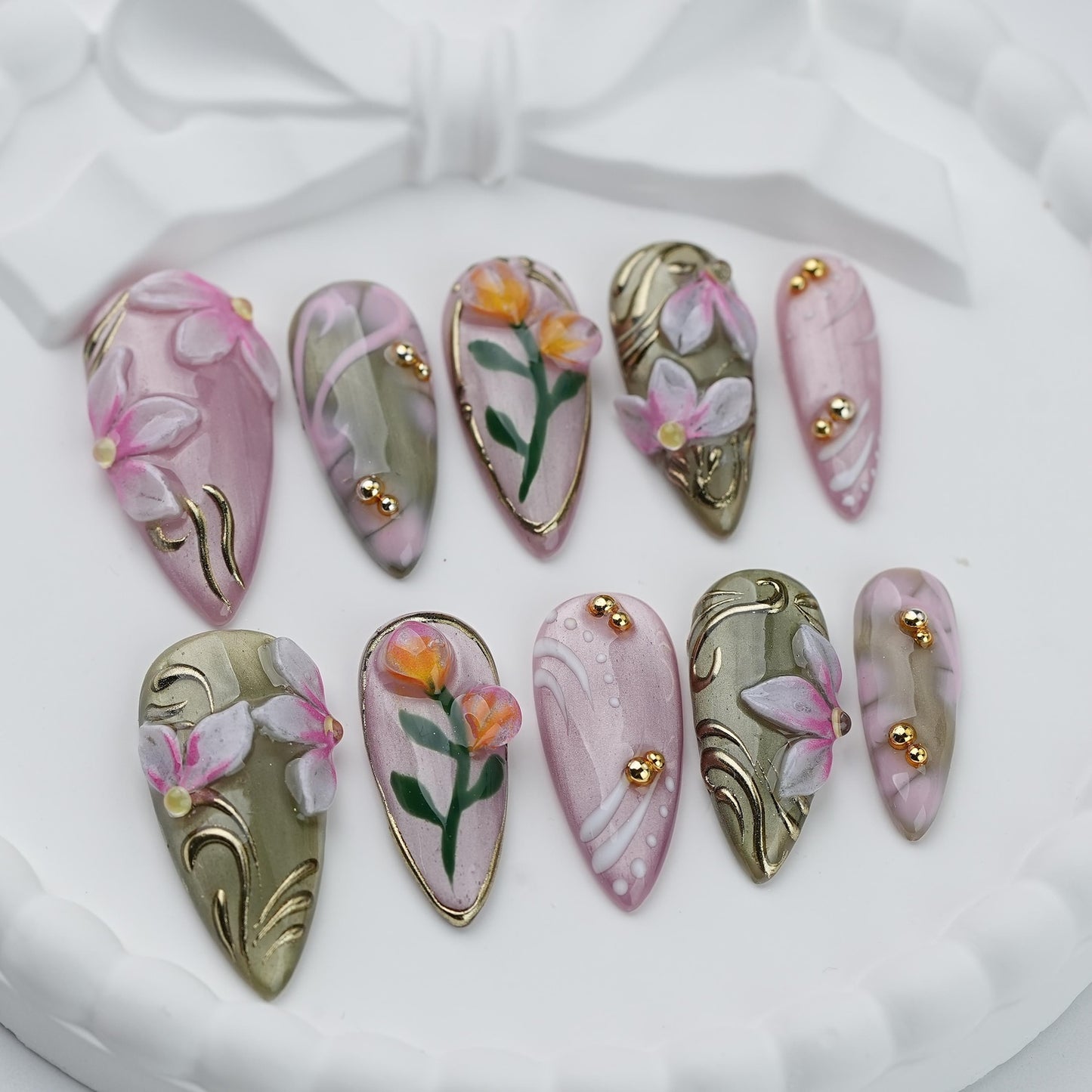 Blush Garden Press-On Nails – Handmade 3D Floral Luxury Nail Set in Pink & Sage Green