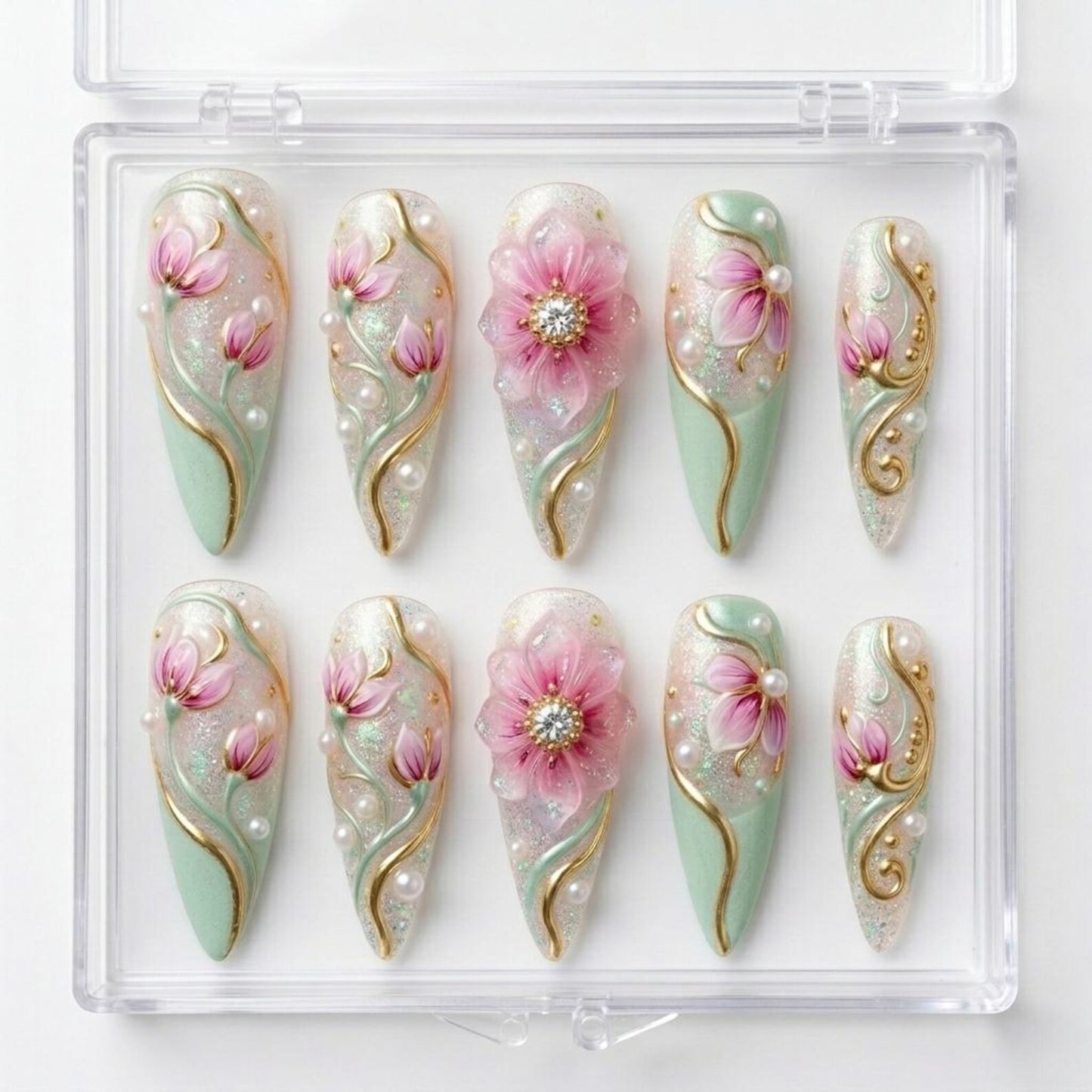 Enchanted Magnolia Press-On Nails – Luxury 3D Floral Pearl Handmade Nail Set