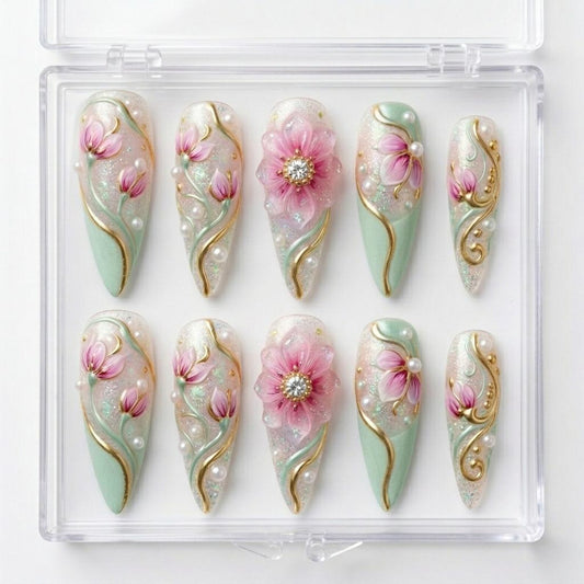 Enchanted Magnolia Press-On Nails – Luxury 3D Floral Pearl Handmade Nail Set