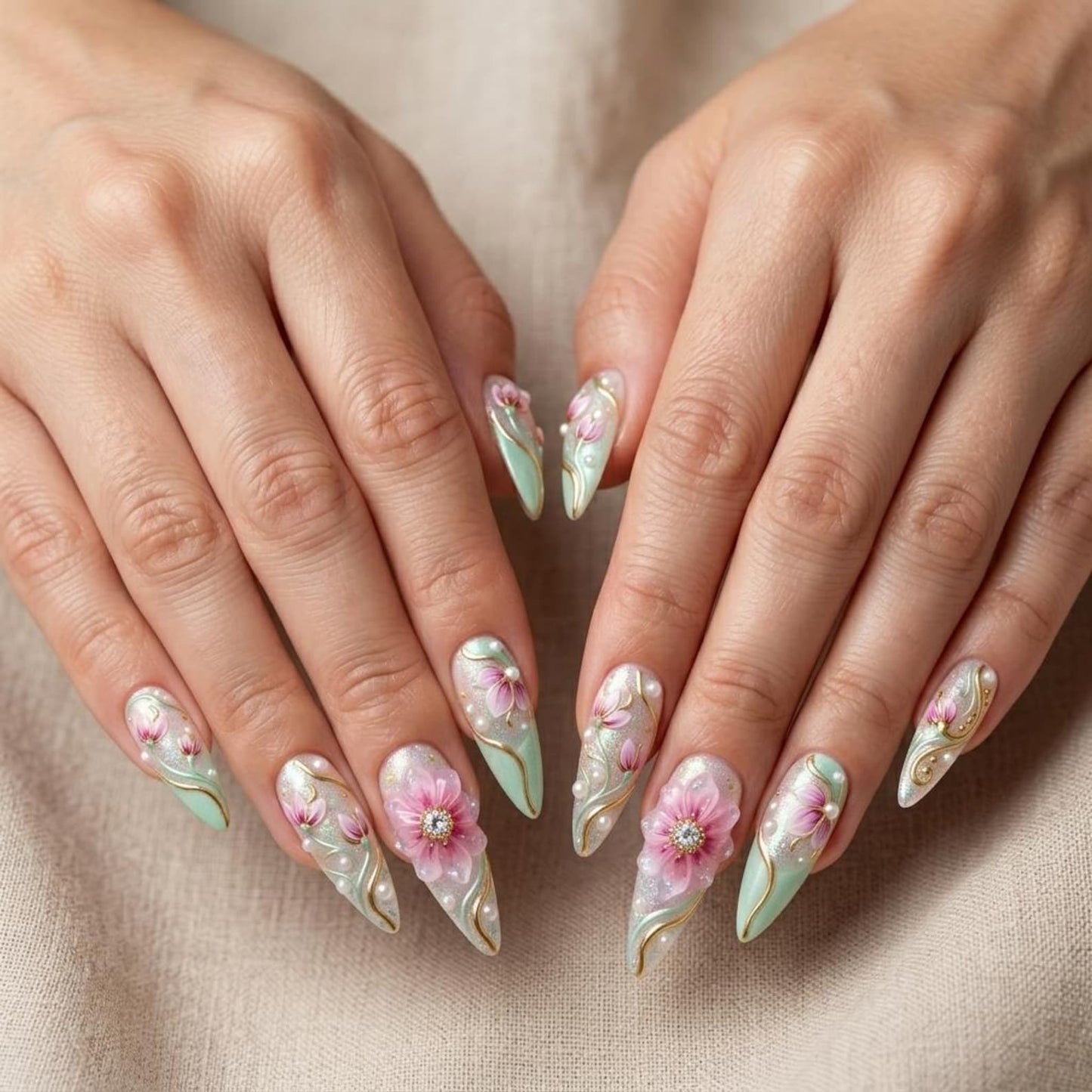 Enchanted Magnolia Press-On Nails – Luxury 3D Floral Pearl Handmade Nail Set
