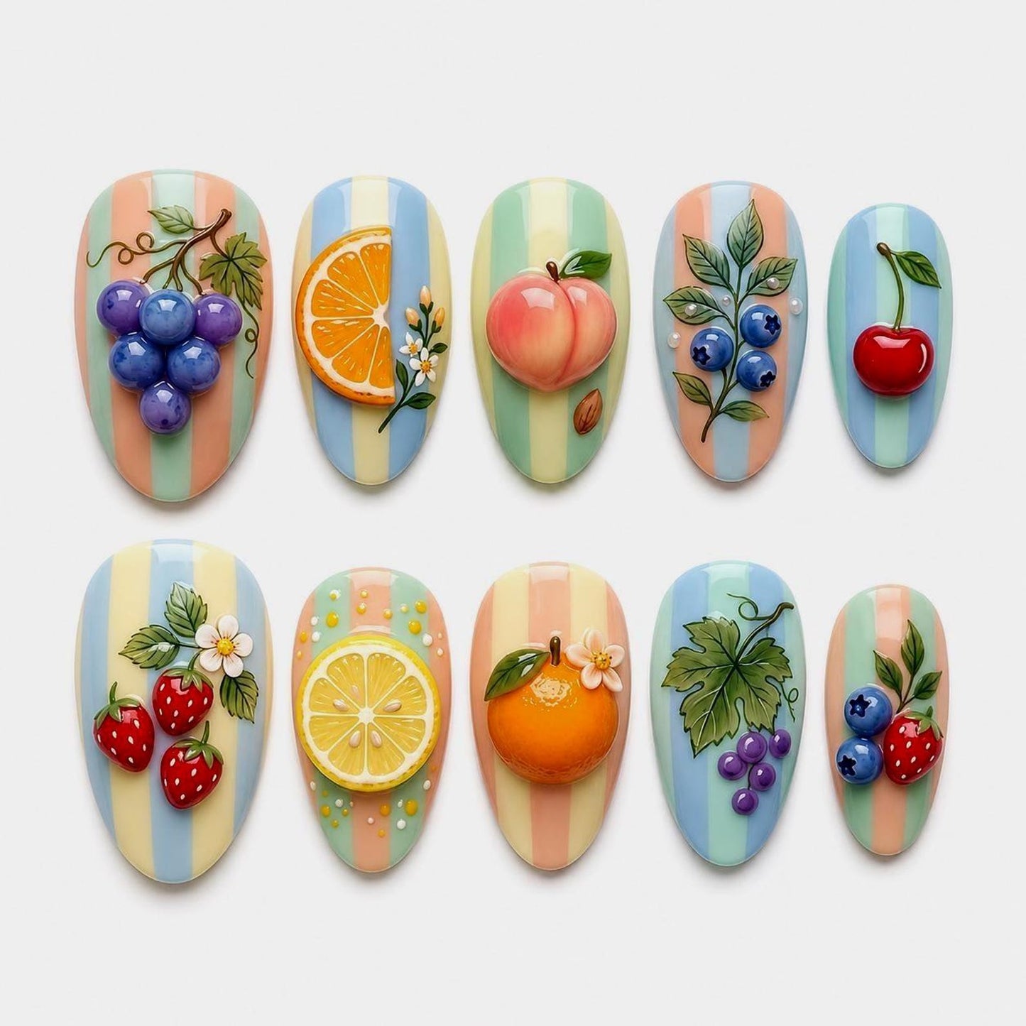 Sweet Orchard Fruit Press-On Nails – Handmade 3D Fruit Garden Nail Set