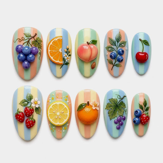 Sweet Orchard Fruit Press-On Nails – Handmade 3D Fruit Garden Nail Set