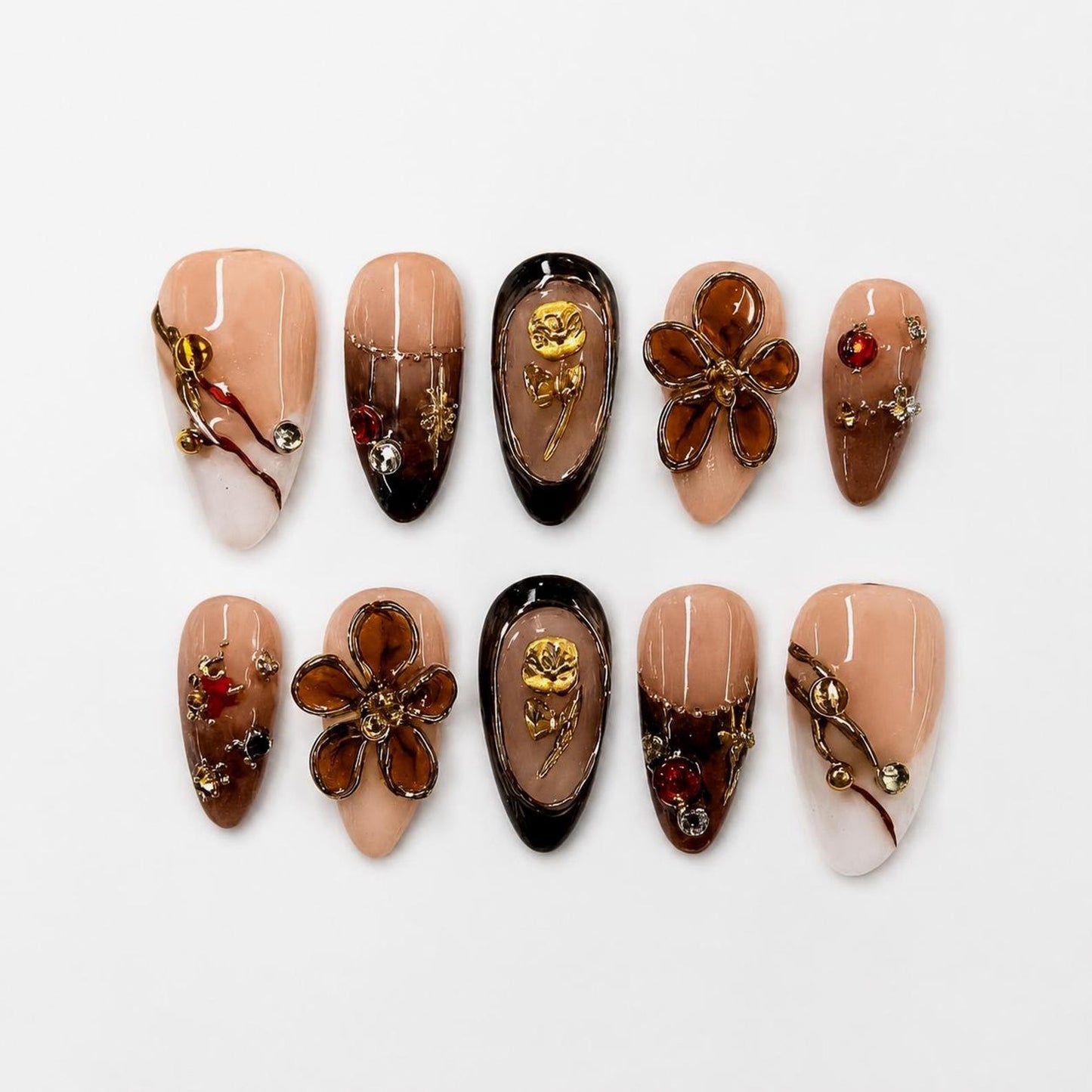 Vintage Amber Flower Press-On Nails – Handmade Brown Floral Nail Set with Rhinestones & Gold Accents