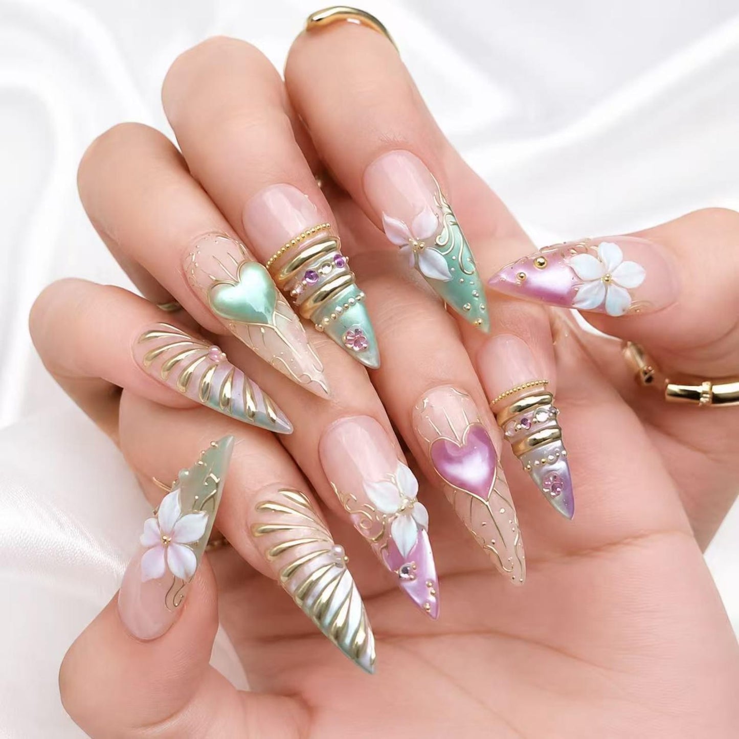 Pastel Mermaid Heart Press-On Nails – Handmade 3D Floral Stiletto Nail Set | Fairycore Luxury Nail Art