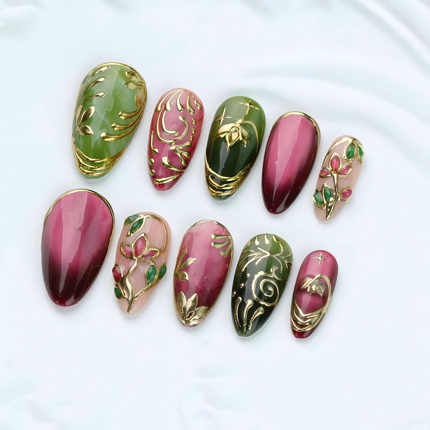 Burgundy & Olive Green Press-On Nails – Vintage Floral Gold Chrome Nail Set | Luxury Almond Fake Nails | Handmade Reusable Nail Art