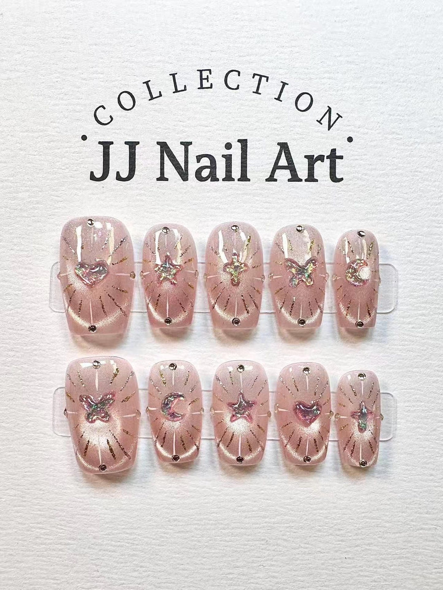 Celestial Charm Press-On Nails – Handmade Pink Glitter Star, Moon & Butterfly Nail Set