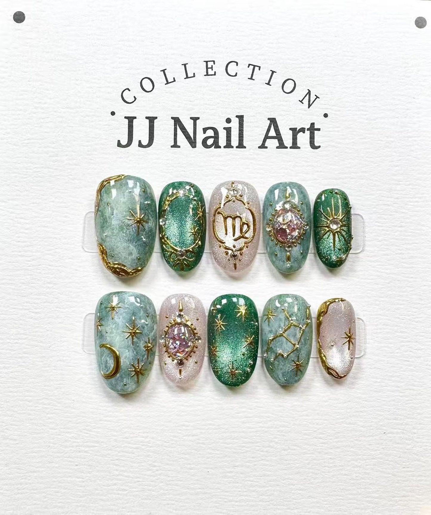 Virgo Zodiac Celestial Press-On Nails – Handmade Emerald Green Astrology Nail Set