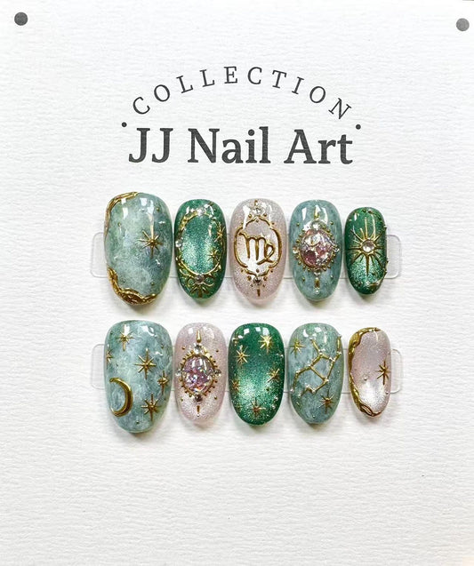 Virgo Zodiac Celestial Press-On Nails – Handmade Emerald Green Astrology Nail Set