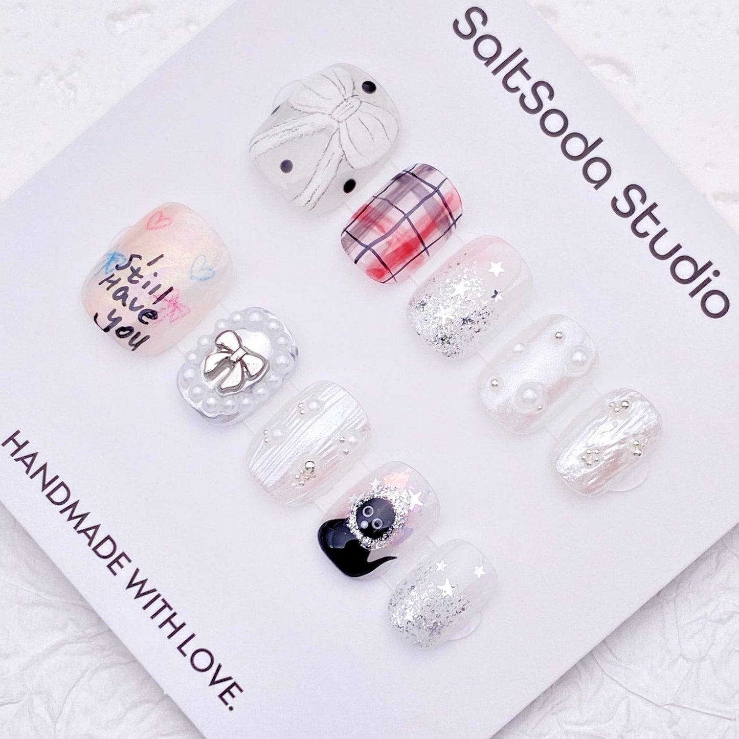 Coquette Winter Charm Press-On Nails – Handmade Pearl Bow & Glitter Nail Set