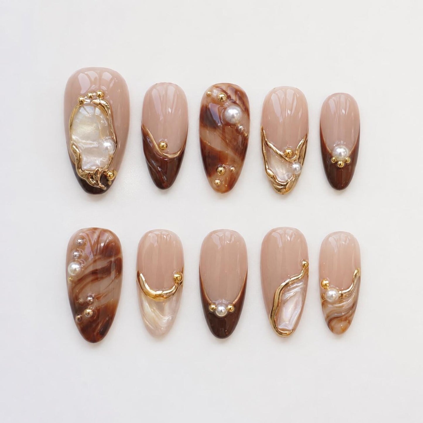 Luxury Brown Marble Press-On Nails – Pearl & Gold Frame Handmade Nail Set | Elegant Shell Nail Art