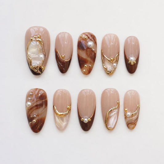 Luxury Brown Marble Press-On Nails – Pearl & Gold Frame Handmade Nail Set | Elegant Shell Nail Art