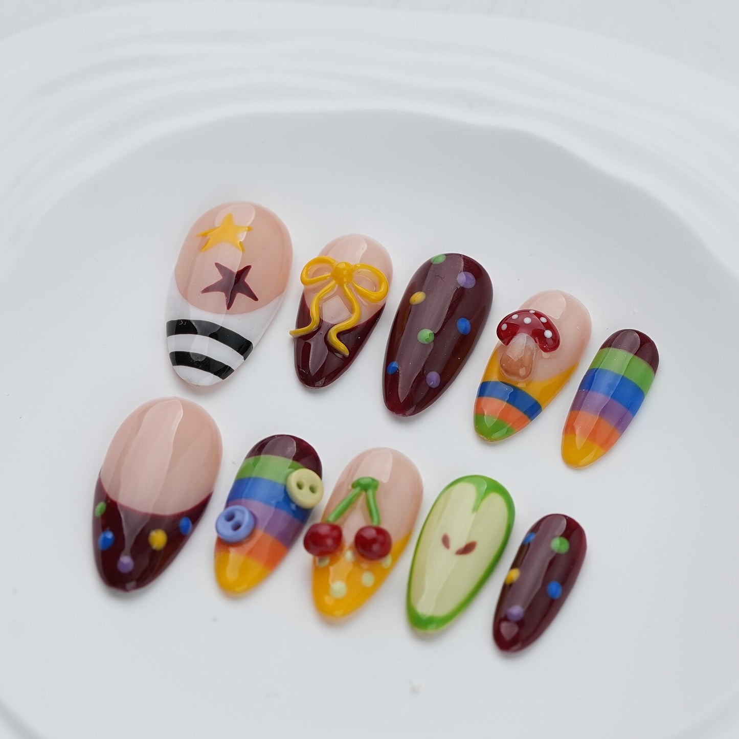 Sweet Rainbow Fruit Press-On Nails – Cute Handmade Kawaii Cherry & Mushroom Nail Set
