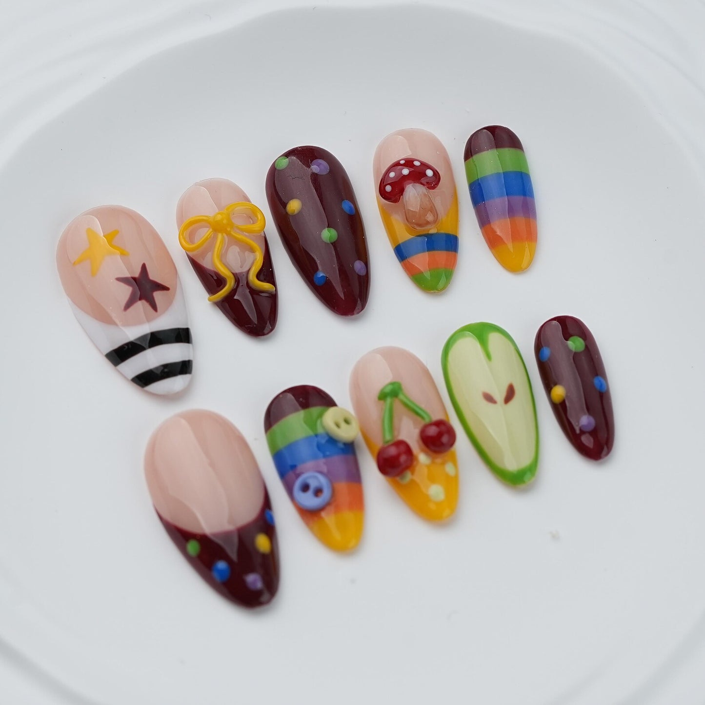 Sweet Rainbow Fruit Press-On Nails – Cute Handmade Kawaii Cherry & Mushroom Nail Set