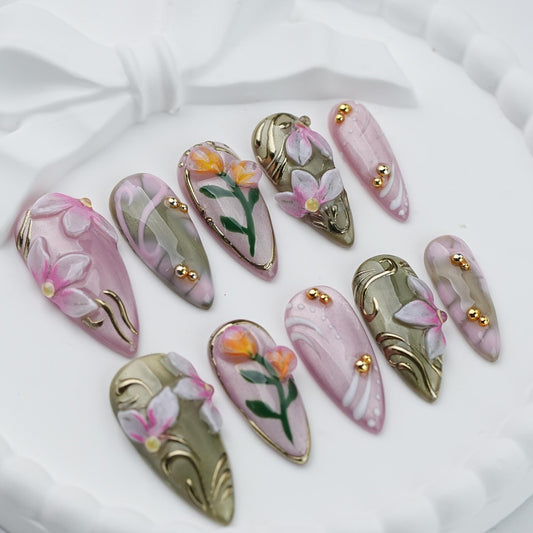 Blush Garden Press-On Nails – Handmade 3D Floral Luxury Nail Set in Pink & Sage Green