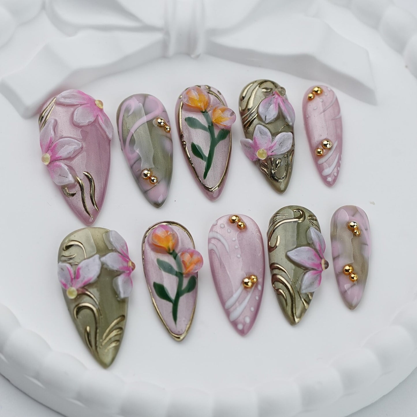Blush Garden Press-On Nails – Handmade 3D Floral Luxury Nail Set in Pink & Sage Green