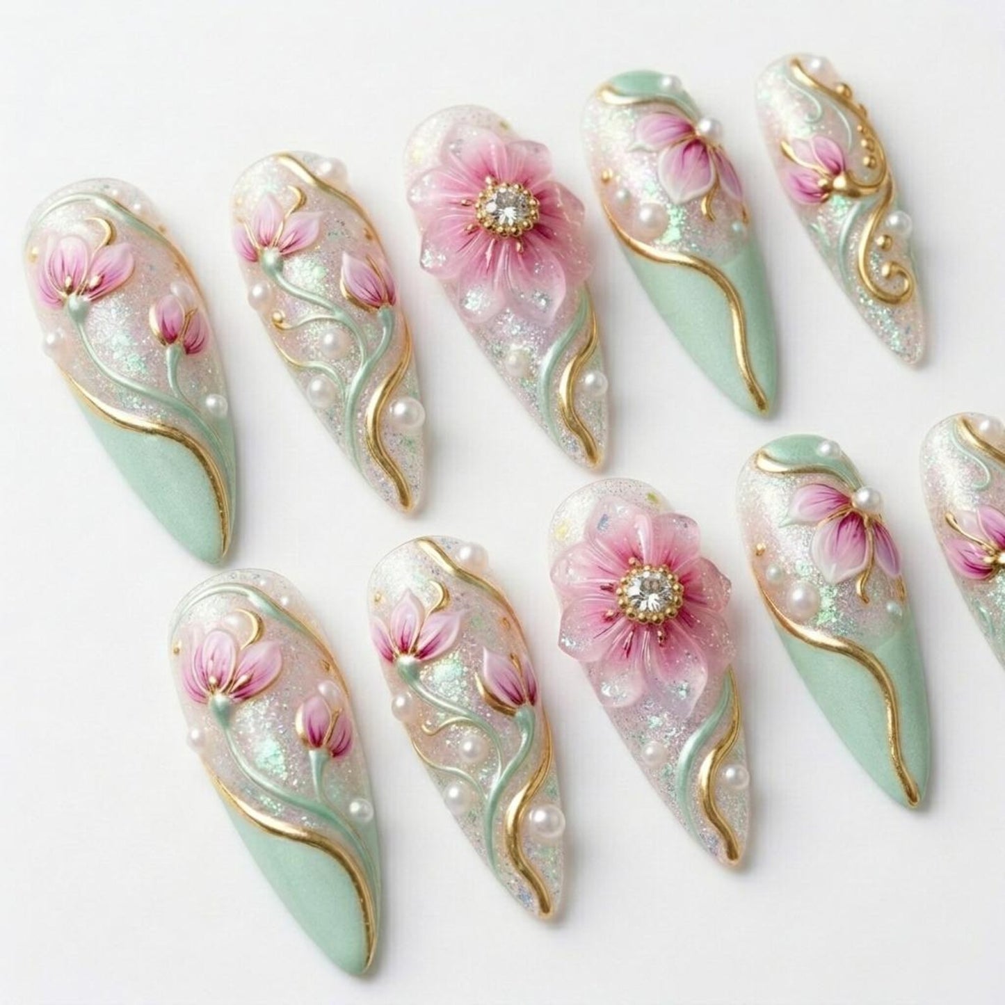 Enchanted Magnolia Press-On Nails – Luxury 3D Floral Pearl Handmade Nail Set