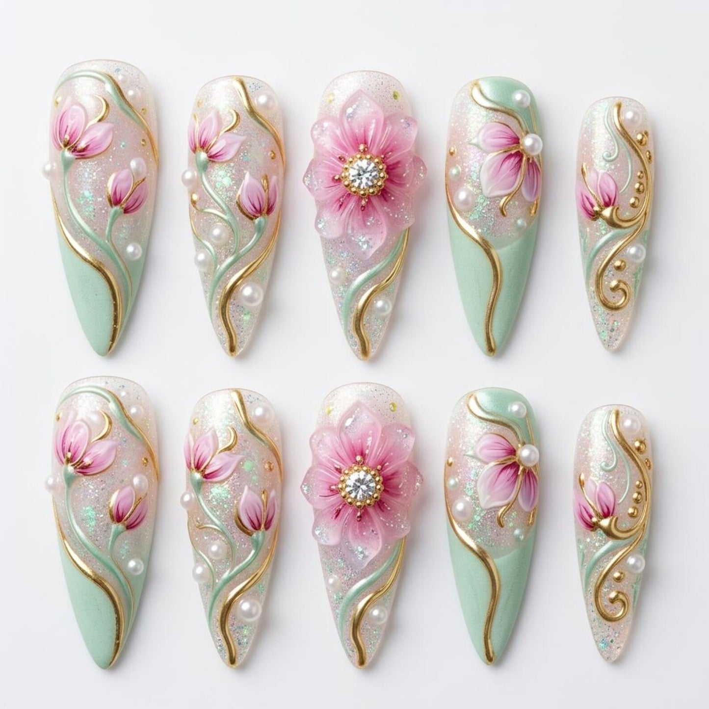 Enchanted Magnolia Press-On Nails – Luxury 3D Floral Pearl Handmade Nail Set