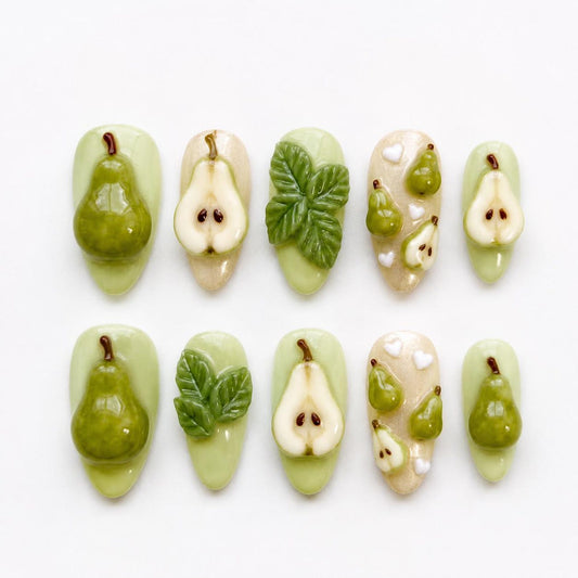3D Pear Fruit Press-On Nails – Handmade Kawaii Green Pear Nail Set | Glossy Japanese-Inspired Nail Art