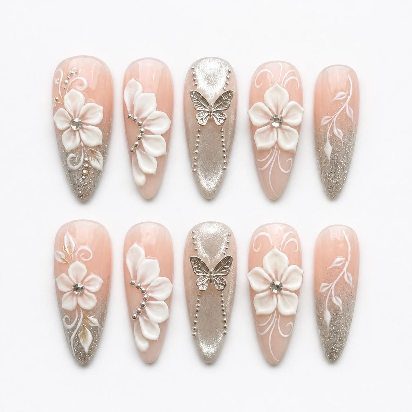 Elegant Butterfly Bloom Press-On Nails – Nude Pink 3D Floral Luxury Nail Set