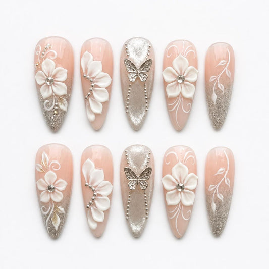Elegant Butterfly Bloom Press-On Nails – Nude Pink 3D Floral Luxury Nail Set