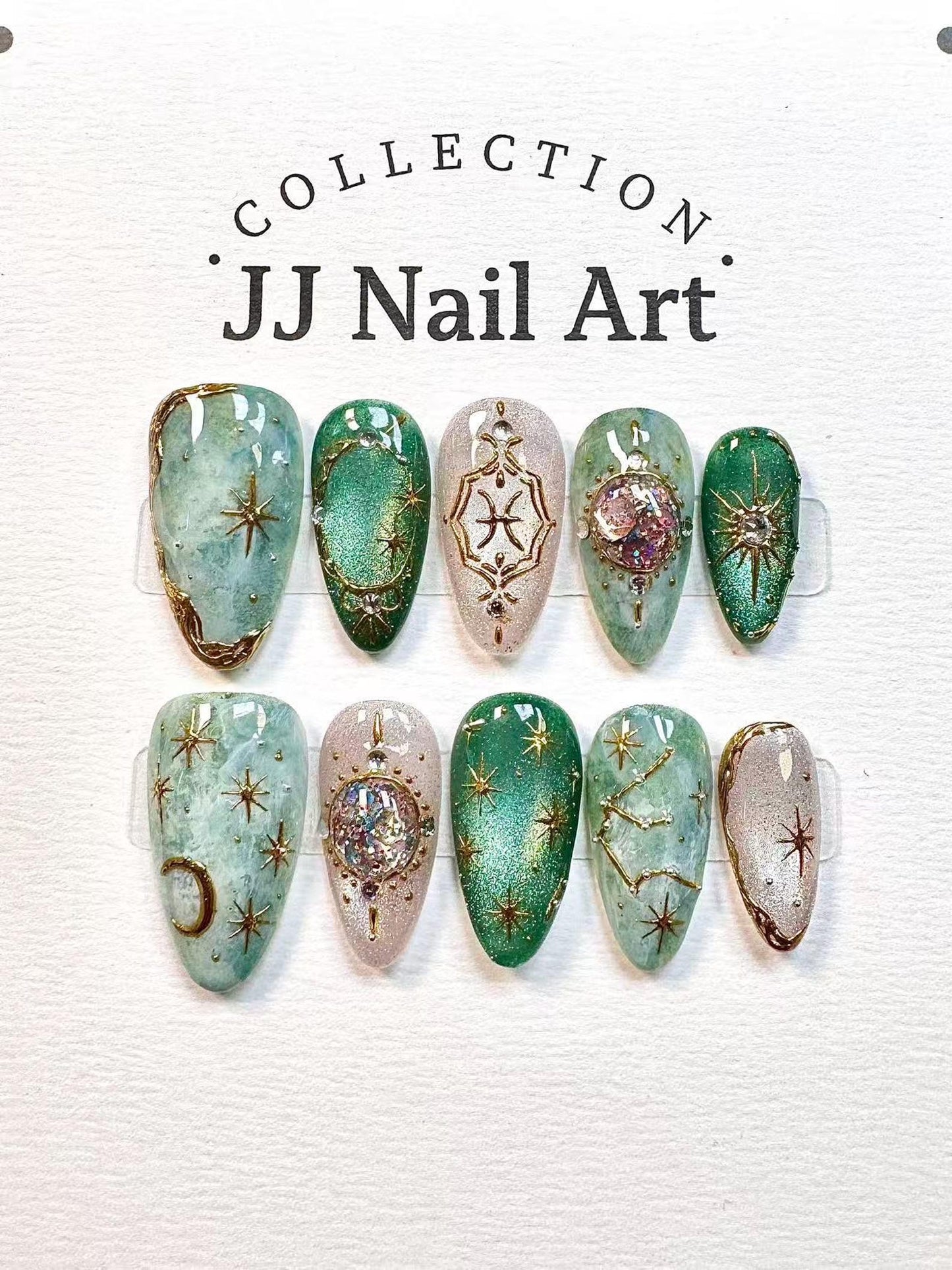 Virgo Zodiac Celestial Press-On Nails – Handmade Emerald Green Astrology Nail Set