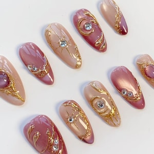 Pink Gemstone Press-On Nails – Luxury Gold Chrome Rhinestone Nail Set | Elegant Almond Fake Nails | Handmade Reusable Nail Art