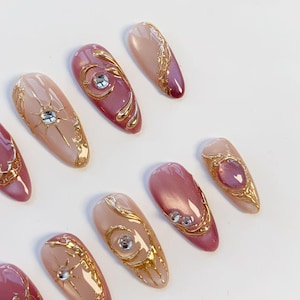 Pink Gemstone Press-On Nails – Luxury Gold Chrome Rhinestone Nail Set | Elegant Almond Fake Nails | Handmade Reusable Nail Art