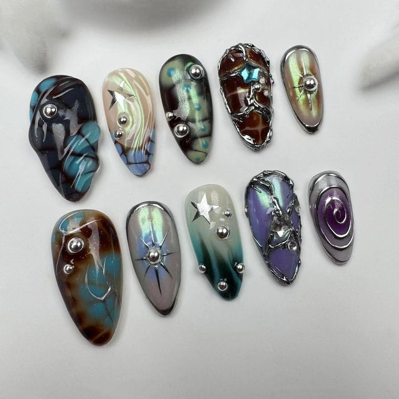 Cosmic Aurora Chrome Press-On Nails – Galaxy-Inspired 3D Metallic Nail Art Set