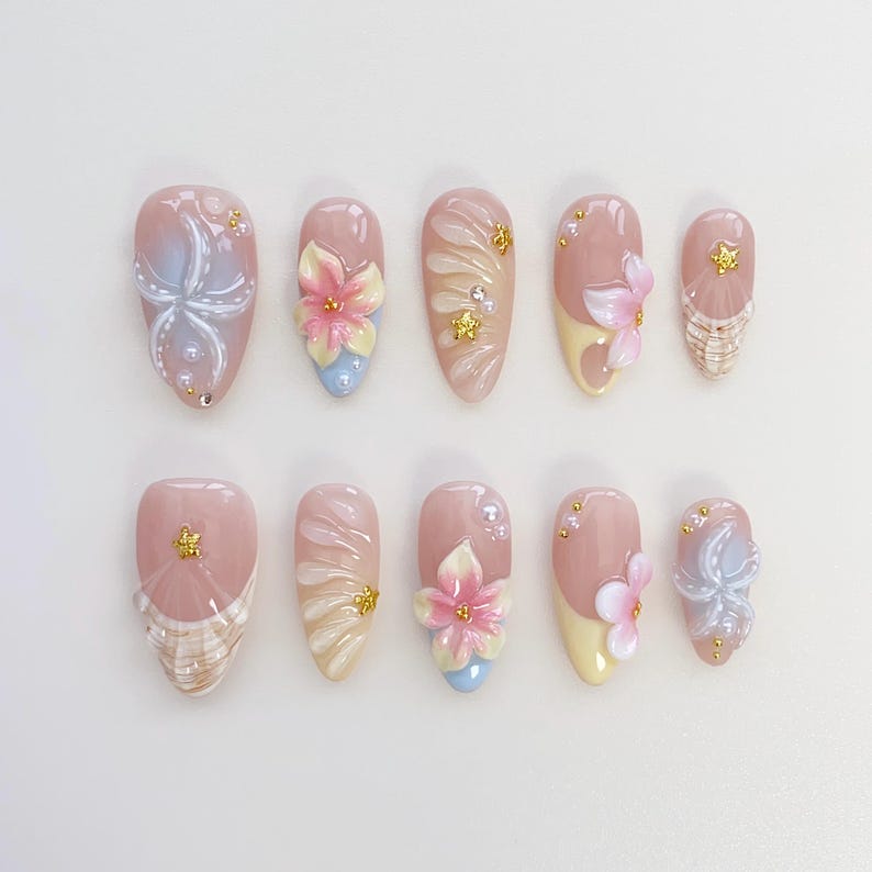 3D Floral Butterfly Press-On Nails – Handmade Pastel Pink Nail Set with Gold Charms