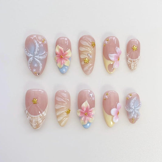 3D Floral Butterfly Press-On Nails – Handmade Pastel Pink Nail Set with Gold Charms