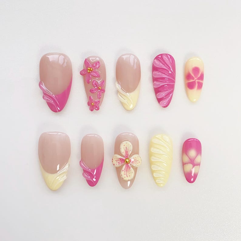 Tropical Pink Hibiscus Press-On Nails | Summer Floral Nail Art Set | Handmade Pink & Yellow Vacation Nails