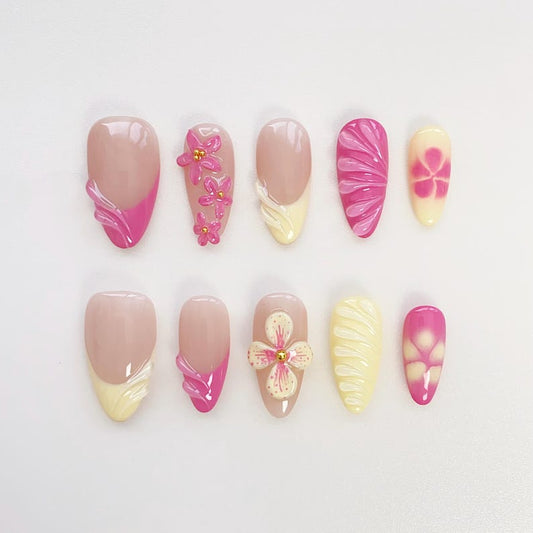 Tropical Pink Hibiscus Press-On Nails | Summer Floral Nail Art Set | Handmade Pink & Yellow Vacation Nails