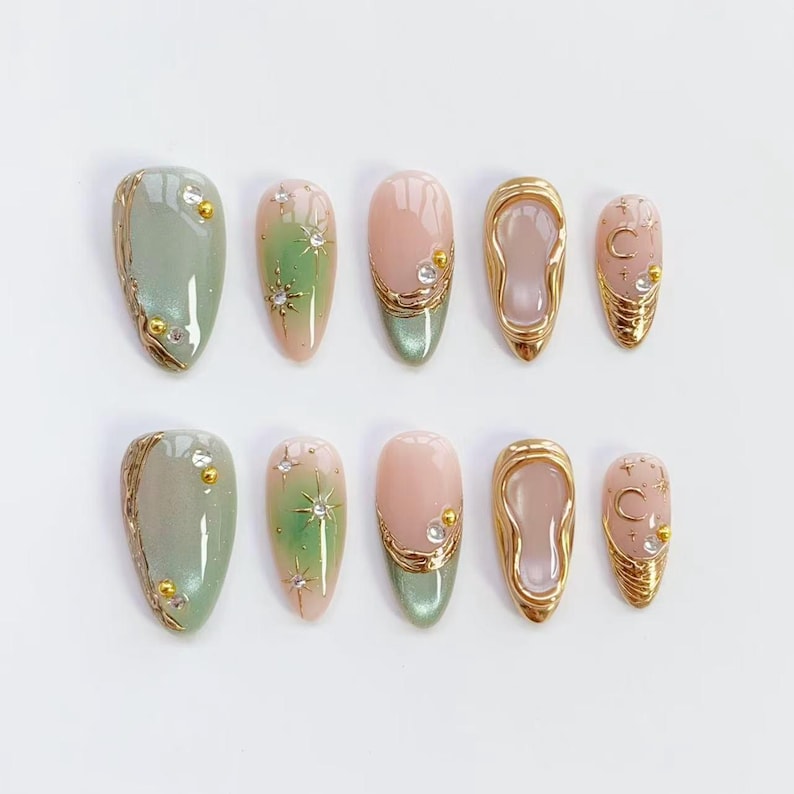 Celestial Sage Green & Gold 3D Press-On Nails – Luxury Starburst Nail Set