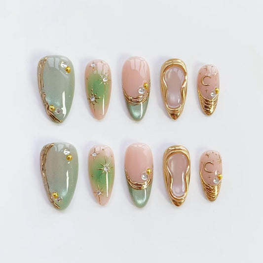 Celestial Sage Green & Gold 3D Press-On Nails – Luxury Starburst Nail Set
